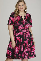 She + Sky Black & Fuchsia Printed Notched Short Sleeve Frill Tiered Dress