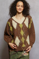 POL V-Neck Argyle Pattern Mohair Sweater with Contrast Exposed Stitch Detail