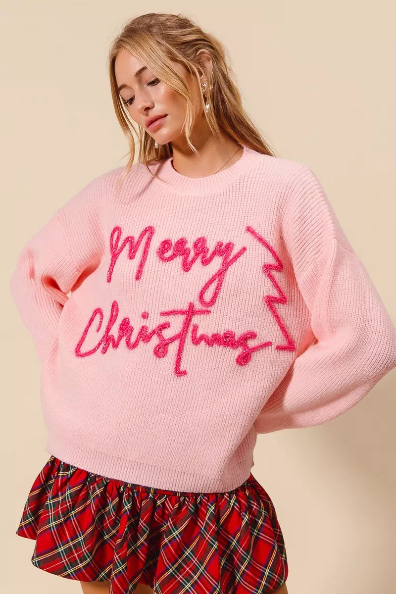 SO ME Pink Merry Christmas Tinsel Lettering Sweater