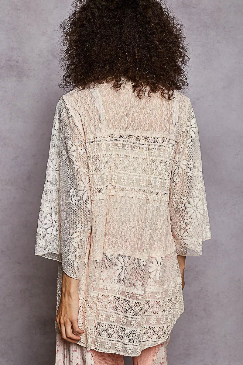 POL Lace Floral Open Front Cardigan with Trim Detail