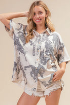 BiBi Oatmeal Leopard Print Short Sleeve Silky Satin Shirt Top