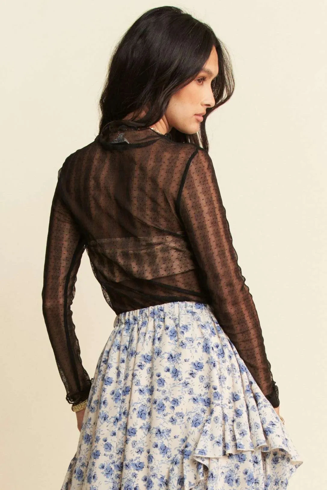 Davi & Dani Black Turtle Neck Lace Dotted Stretch Mesh Sheer Top