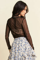 Davi & Dani Black Turtle Neck Lace Dotted Stretch Mesh Sheer Top
