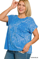 Zenana Ocean Blue Crinkle Washed Round Neck Folded Short Sleeve Tee