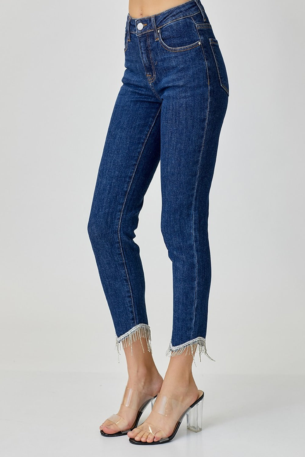 RISEN Dark Washed Embellished Mid Rise Crop Skinny Jeans