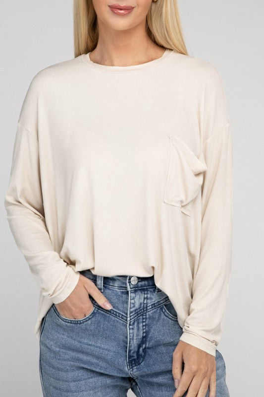 Zenana Washed Ribbed Dolman Sleeve Round Neck Top SAND BEIGE ZENANA