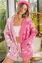 BiBi Heart Color Block V-Beck Knit Cardigan with Pockets