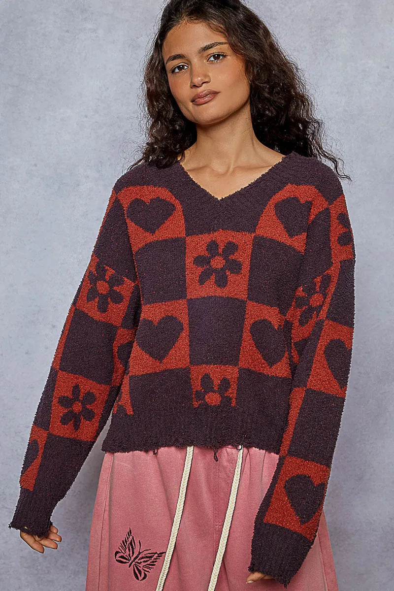 POL Burgundy V-Neck Heart Pattern Checkered Sweater