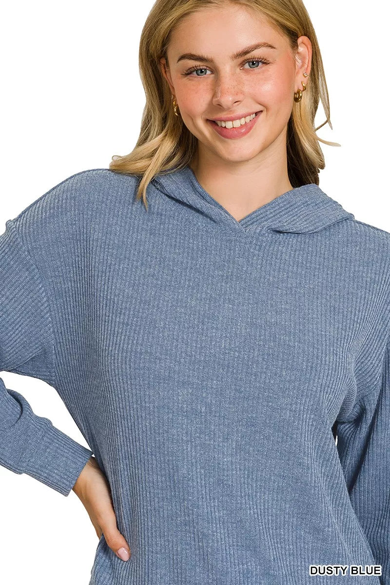 Zenana Dusty Blue Ribbed Long Sleeve Hoodie