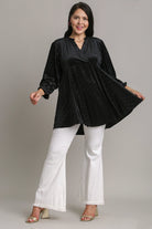 Umgee Black Beaded Frill Flounce Sleeve Velvet Babydoll Blouse Shirts & Tops