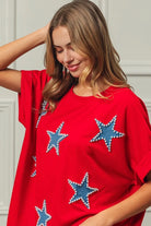BiBi Red Beaded Stars Appliques Fourth Of July Terry T-Shirt
