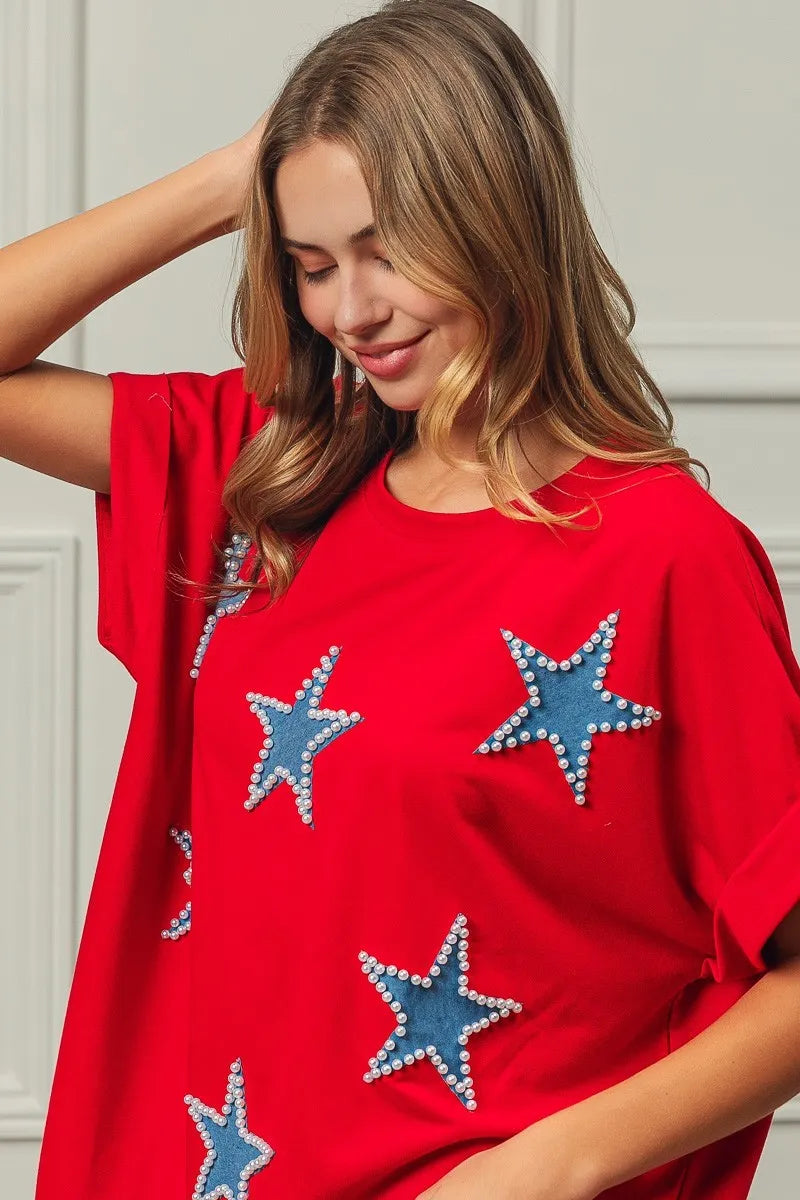 BiBi Red Beaded Stars Appliques Fourth Of July Terry T-Shirt
