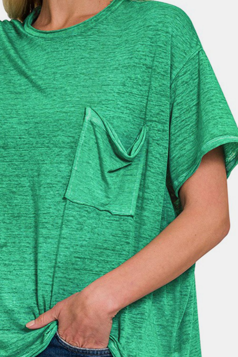 Zenana Green Pocketed Round Neck Dropped Shoulder T-Shirt Trendsi