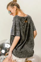 BiBi Laser Cut Mineral Washed Old Glory Lip Print Top in Black Charcoal
