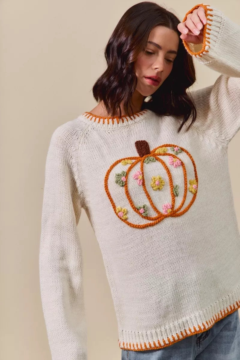 SO ME Pumpkin Floral Embroidered Thanksgiving Sweater