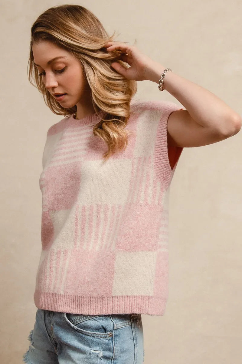 BiBi Blush & Ivory Checker With Stripes Pattern Sleeveless Sweater