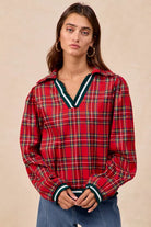 BiBi Christmas Red Plaid Collared Top with Ruffled Detail RED