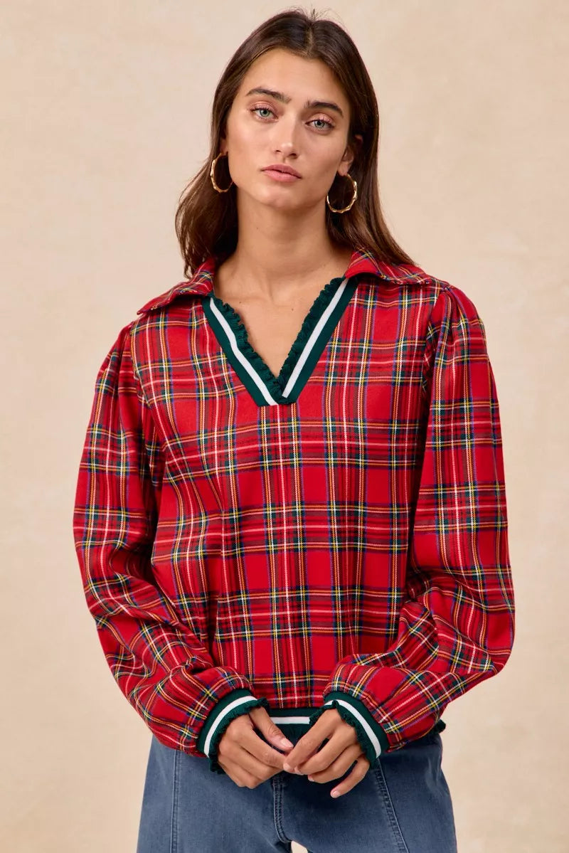 BiBi Christmas Red Plaid Collared Top with Ruffled Detail RED