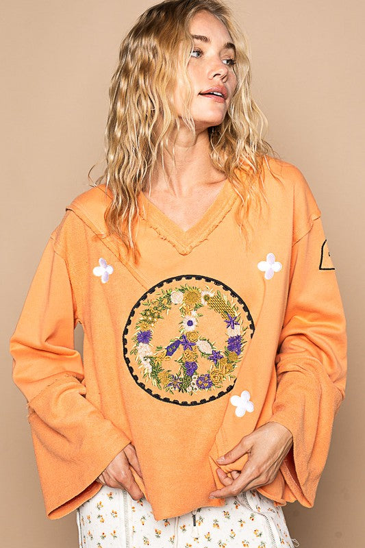 POL Sherbet Peace Embroidered Exposed Seam Back Ruffle V-Neck Top Shirts & Tops