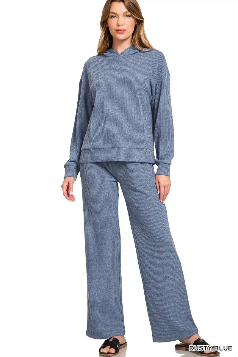 Zenana Dusty Blue Ribbed Long Sleeve Hoodie
