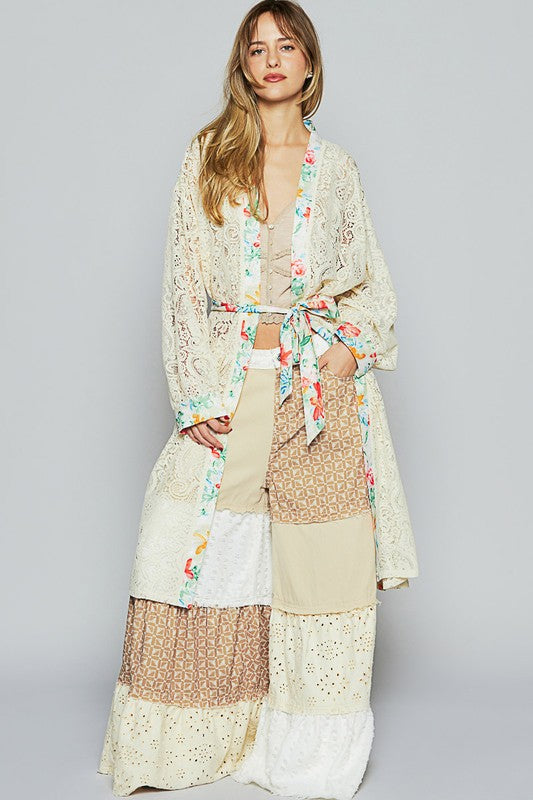 POL Floral Trim Lace Open Front Longline Cardigan in Natural