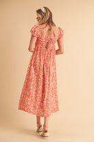 Aemi + Co Coral Cutout Back Floral Square Neck Puff Sleeve Midi Dress