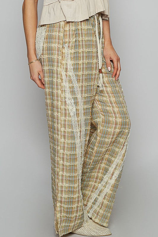 POL Lace Trim Drawstring Checkered Wide Leg Pants in Sage