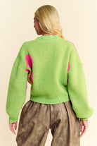 Davi & Dani Lime Flower Contrast Round Neck Long Sleeve Button Down Cardigan Shirts & Tops