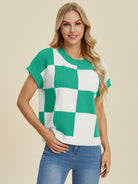 Double Take Checkered Round Neck Short Sleeve Sweater Turquoise Trendsi