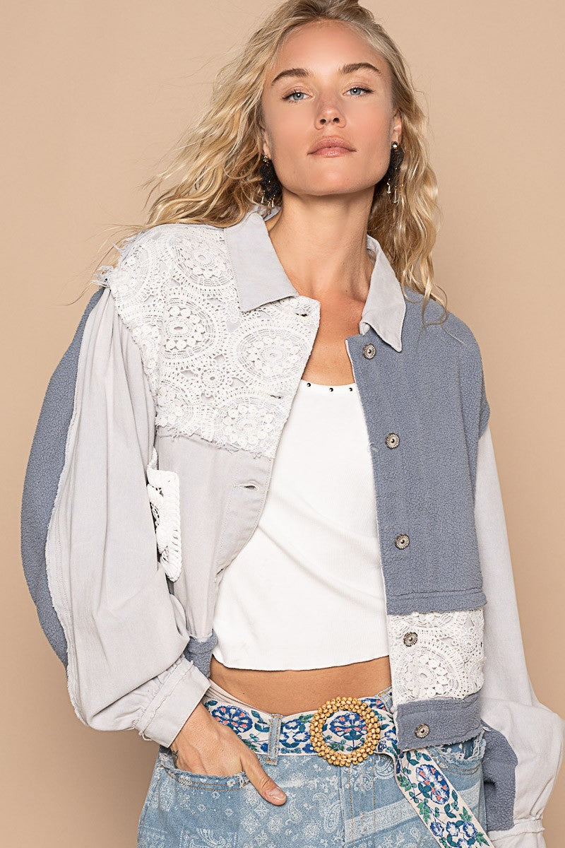 POL Crochet Patch Exposed Seam Button Up Jacket Denim Blue Trendsi