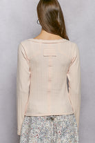 POL Blush V-Neck Long Sleeve Ribbed Top with Lace-Accent Neckband