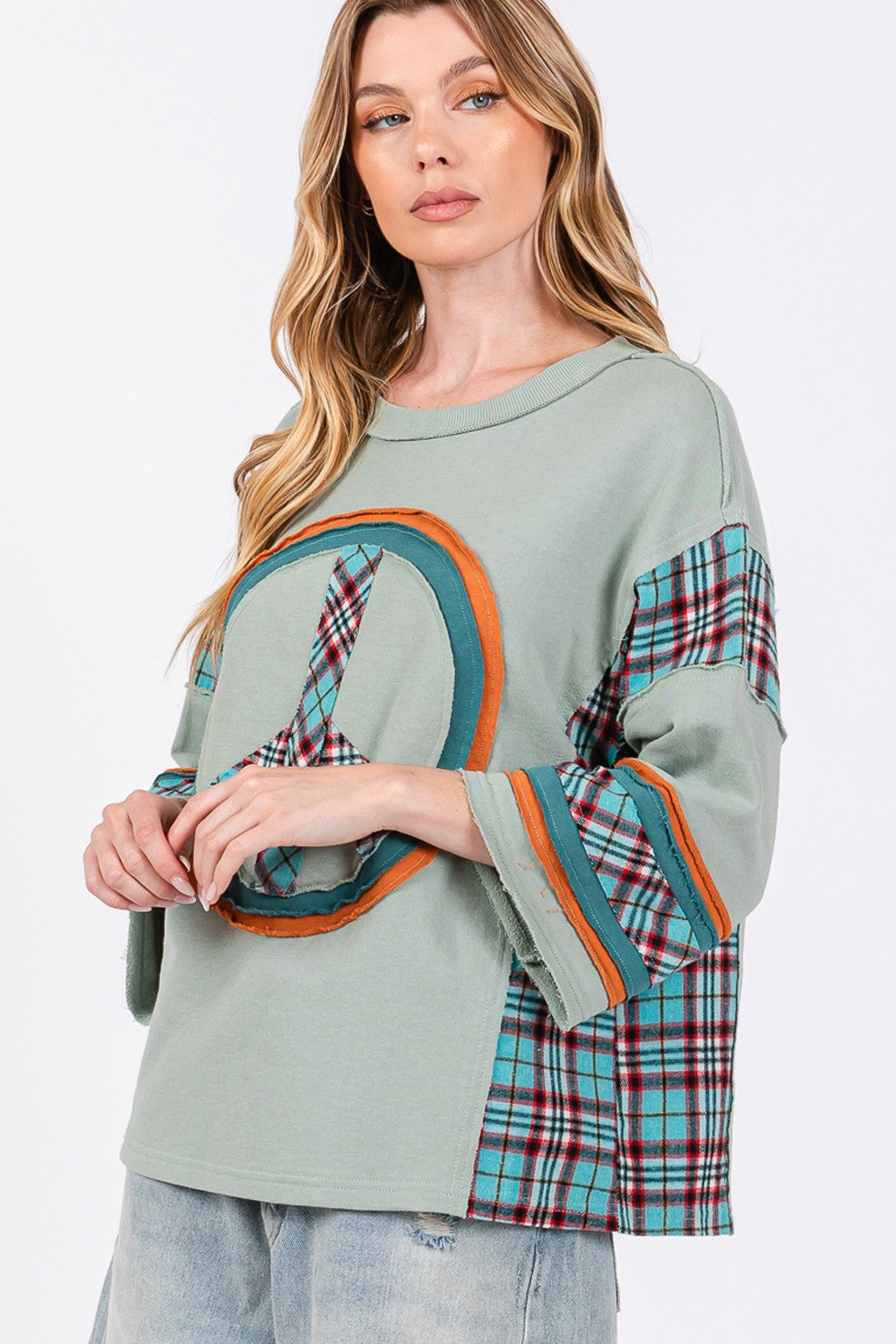 SAGE + FIG Peace Applique Patch Contrast Plaid Top in Autumn Sage Trendsi