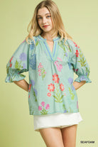 Umgee Sea Foam Floral Split Neck Puff Sleeve Blouse SEAFOAM