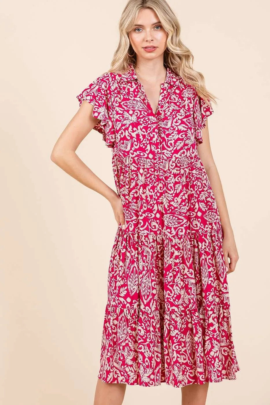 Mittoshop Fuchsia Abstract Print Ruffle Tier Midi Dress FUCHSIA