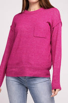 Zenana 9 Colors Melange Hi-Low Hem Round Neck Chest Pocket Sweater H MAGENTA ZENANA