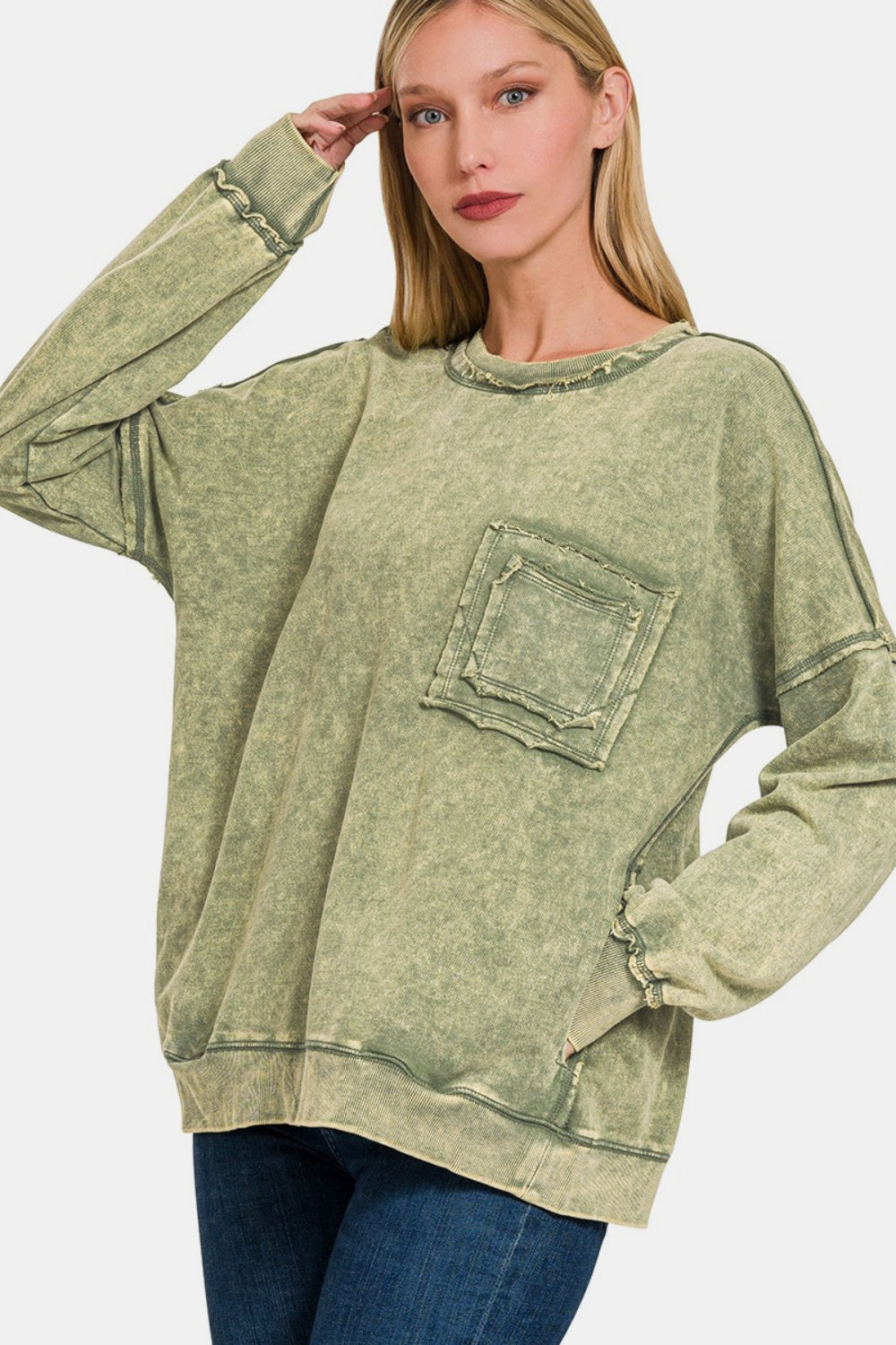 Zenana Light Olive Acid Washed French Terry Exposed Seam Dropped Shoulder Sweatshirt Trendsi