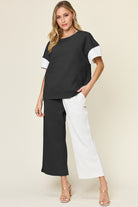 Double Take: 4 Colors: Quilted Textured Contrast Top and Wide Leg Pants Set White Loungewear Set