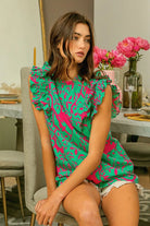 BiBi Jade & Fuchsia Leopard Leaves Print Flutter Sleeve Woven Blouse