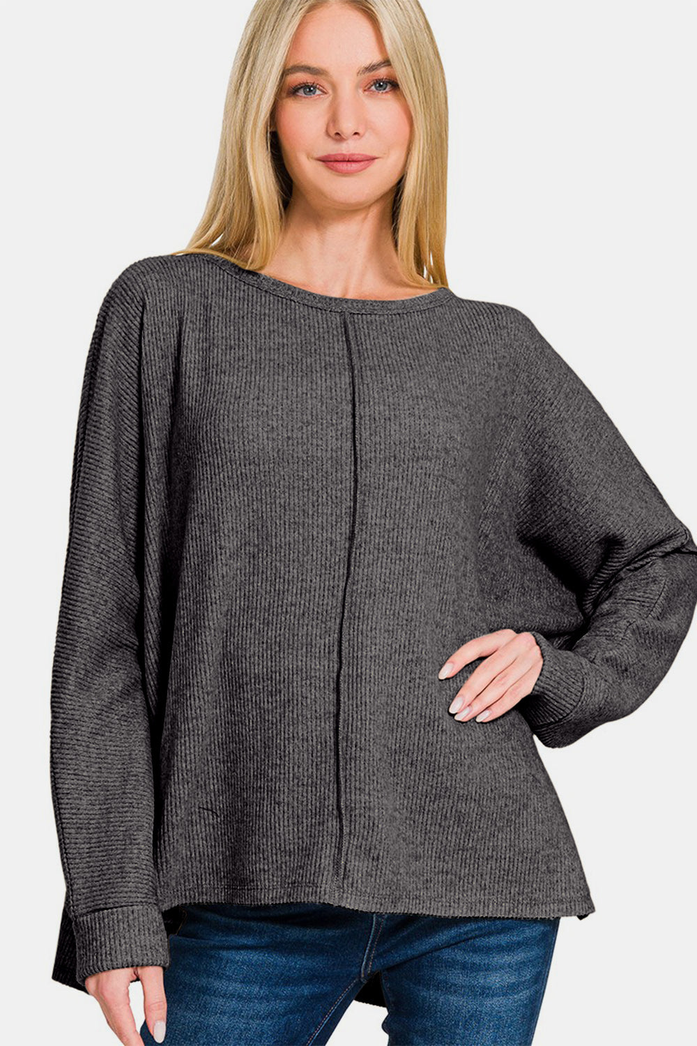 Zenana Black Center Seam Ribbed Dolman High-Low Side Slit Round Neck Top Shirts & Tops