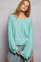 POL Aqua Round Neck Long Sleeve Exposed Seam Top with Chest Pocket AQUA