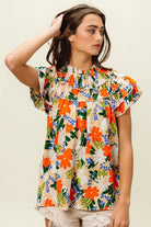 BiBi Cream & Multi Color Floral Print Woven Ruffle Sleeve Blouse
