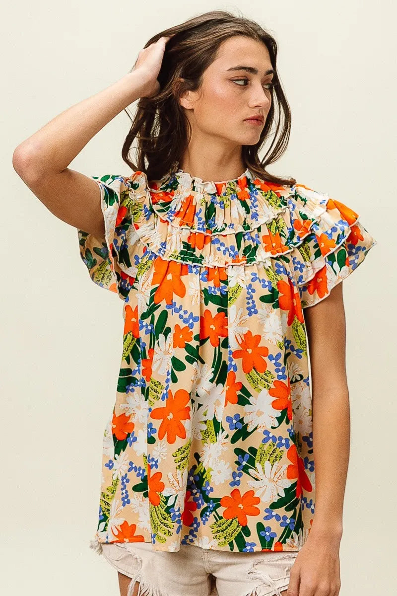 BiBi Cream & Multi Color Floral Print Woven Ruffle Sleeve Blouse