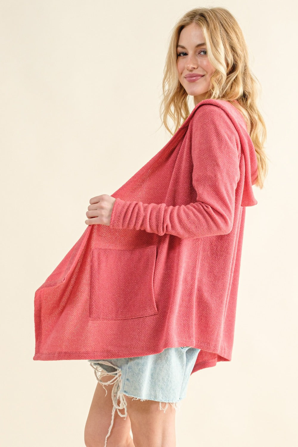 And The Why Rose Pink Thermal Hooded Open Front Cardigan with Pockets