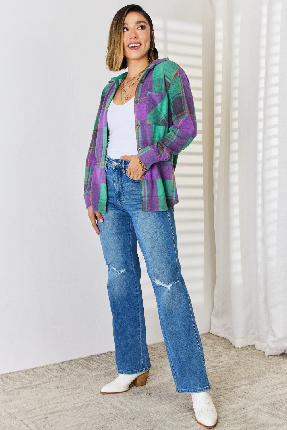 Zenana Green & Purple Plaid Button Up Long Sleeve Shacket Trendsi