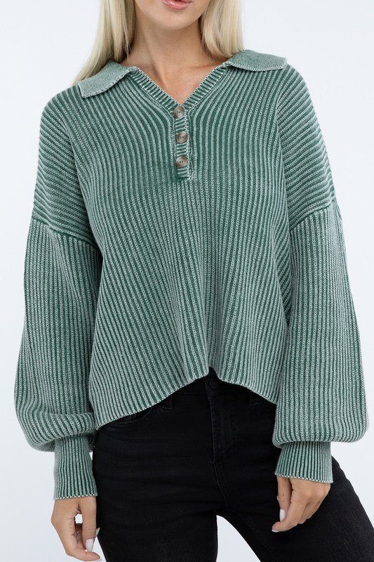 Zenana Washed Collared Henley Sweater in 6 Colors! DK GREEN ZENANA