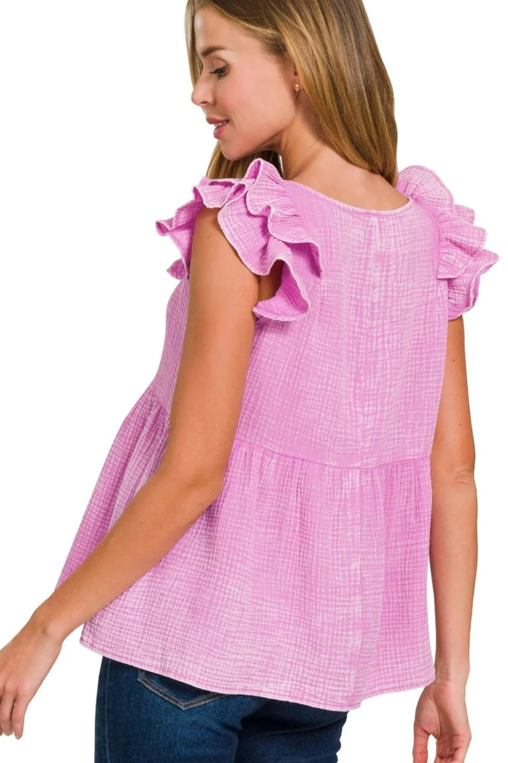 Zenana Mauve Double Gauze Acid Washed Tiered Ruffle Peplum Top