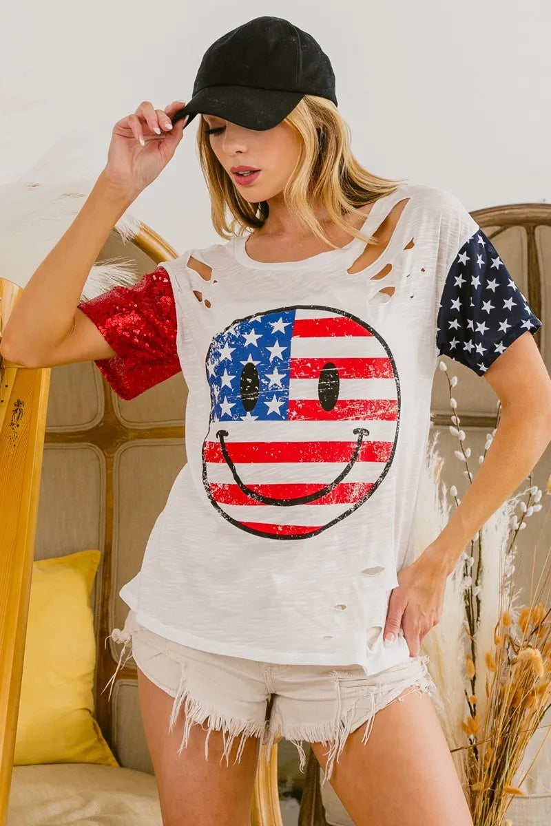 BiBi Fourth Of July Top With Laser Cut And Smile Face OFF WHITE
