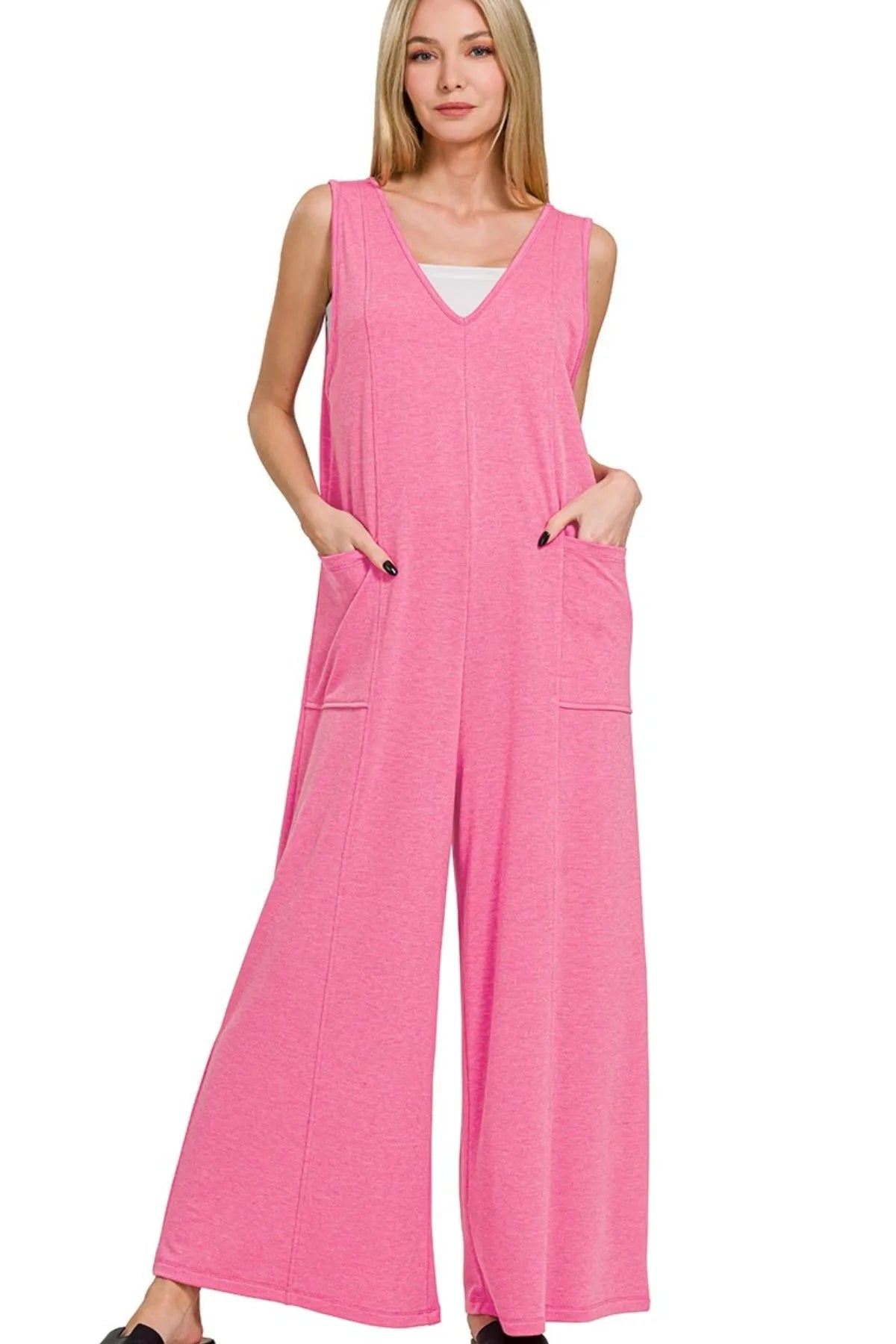 Zenana Fuchsia French Terry Deep V Neck Jumpsuits FUCHSIA