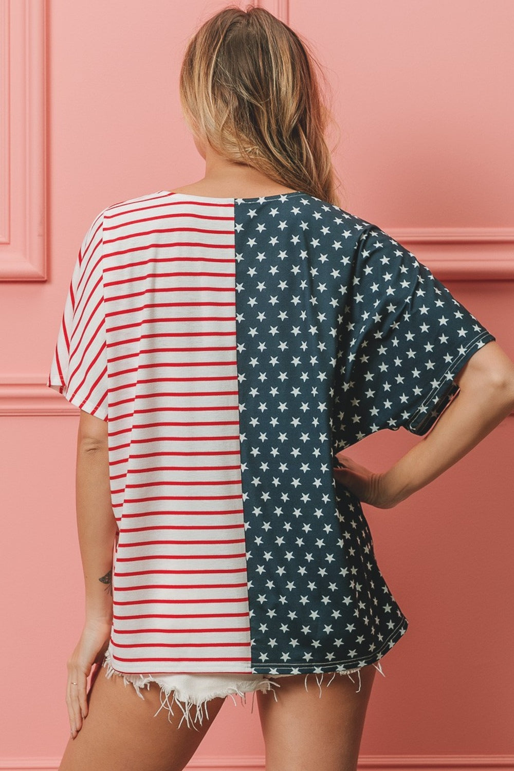 BiBi US Flag Themed Color Block Short Sleeve T-Shirt Trendsi