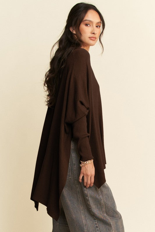 Davi & Dani Chocolate High-Low Side Slit Batwing Sleeve Top